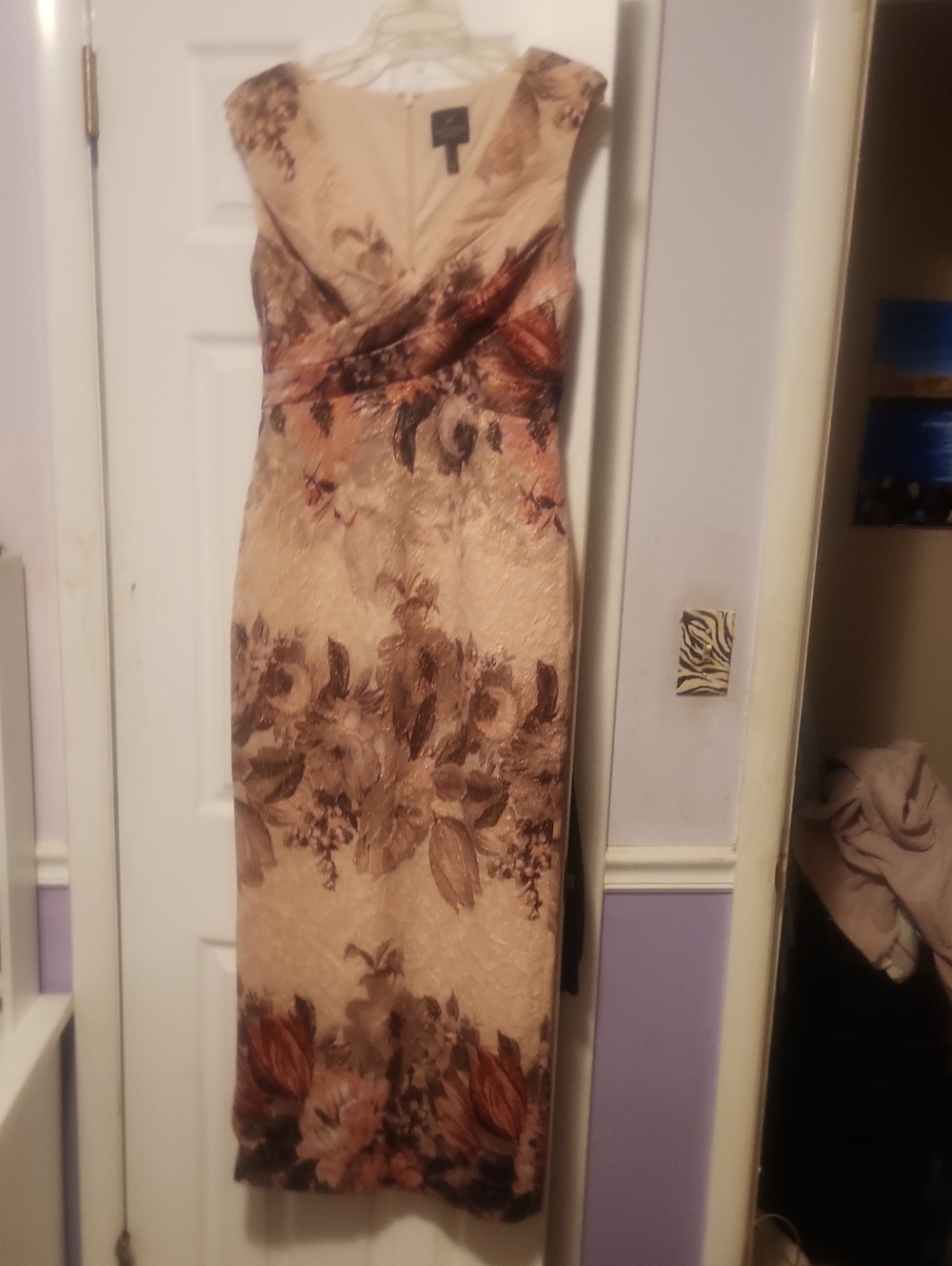 Adrianna Papell Beige and Brown Floral V-Neck Maxi Dress
